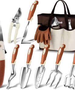 MelonArt Garden Tool Set,10 Pcs Heavy Duty Gardening Hand Tool Kit for Women Aluminum with Non Slip Ergonomic Handle, Storage Tote Bag and Gardening Gloves, Ideal Gifts for Women and Men
